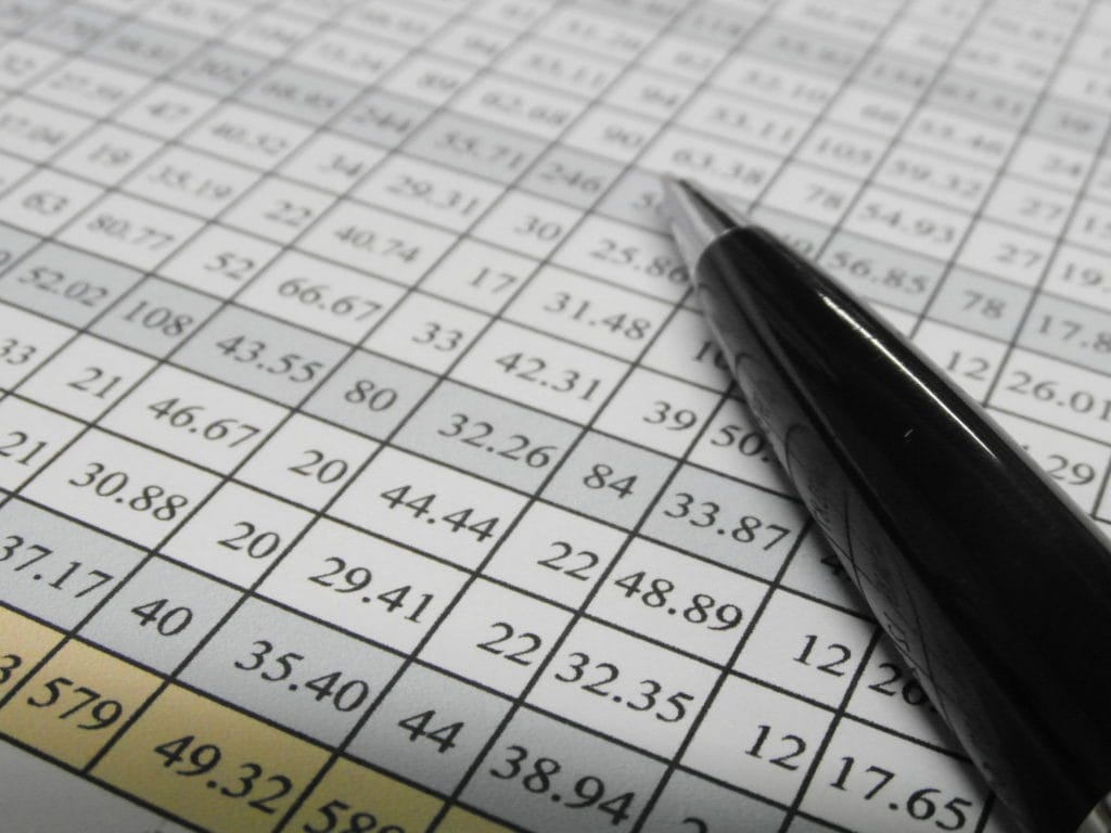 A printed Excel 365 spreadsheet with a pen laying on top of it. One row is yellow and the rest are white/grey.