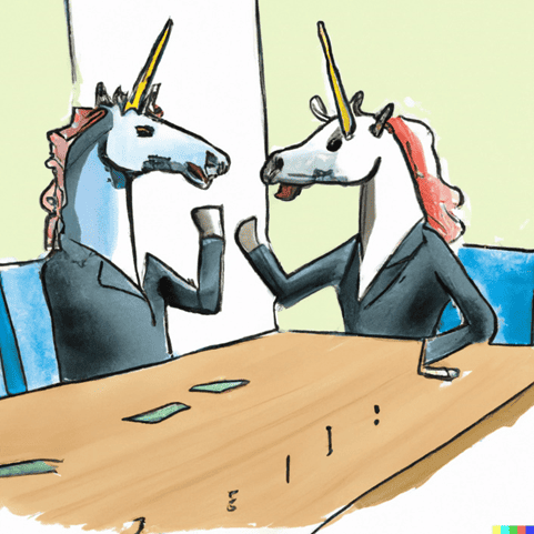 This is an image of two unicorns in business attire arguing in a meeting. This is an example of how powerful AI tools like Microsoft CoPilot are.