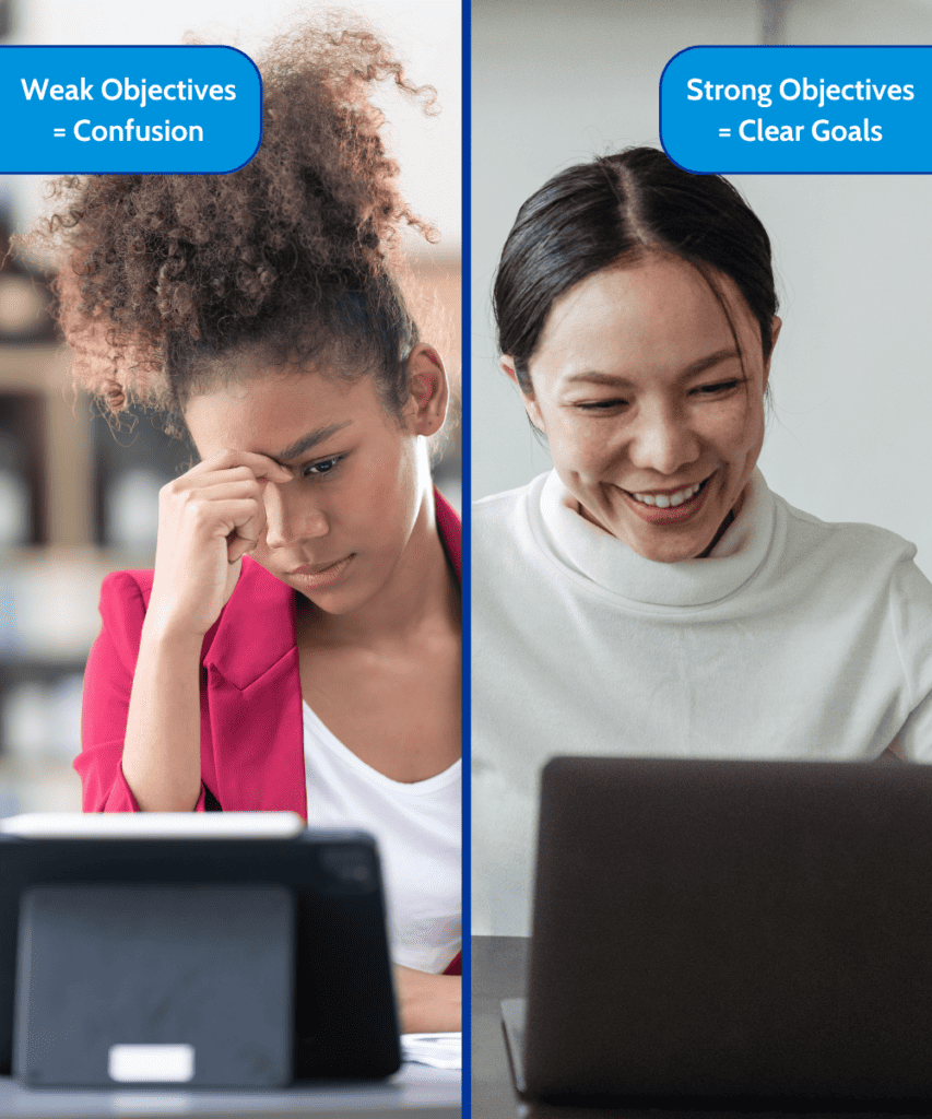 showing how clear and measurable learning objectives change the learning process

Left: someone who is confused looking at a computer

Right: someone who is understanding the material looking at their computer