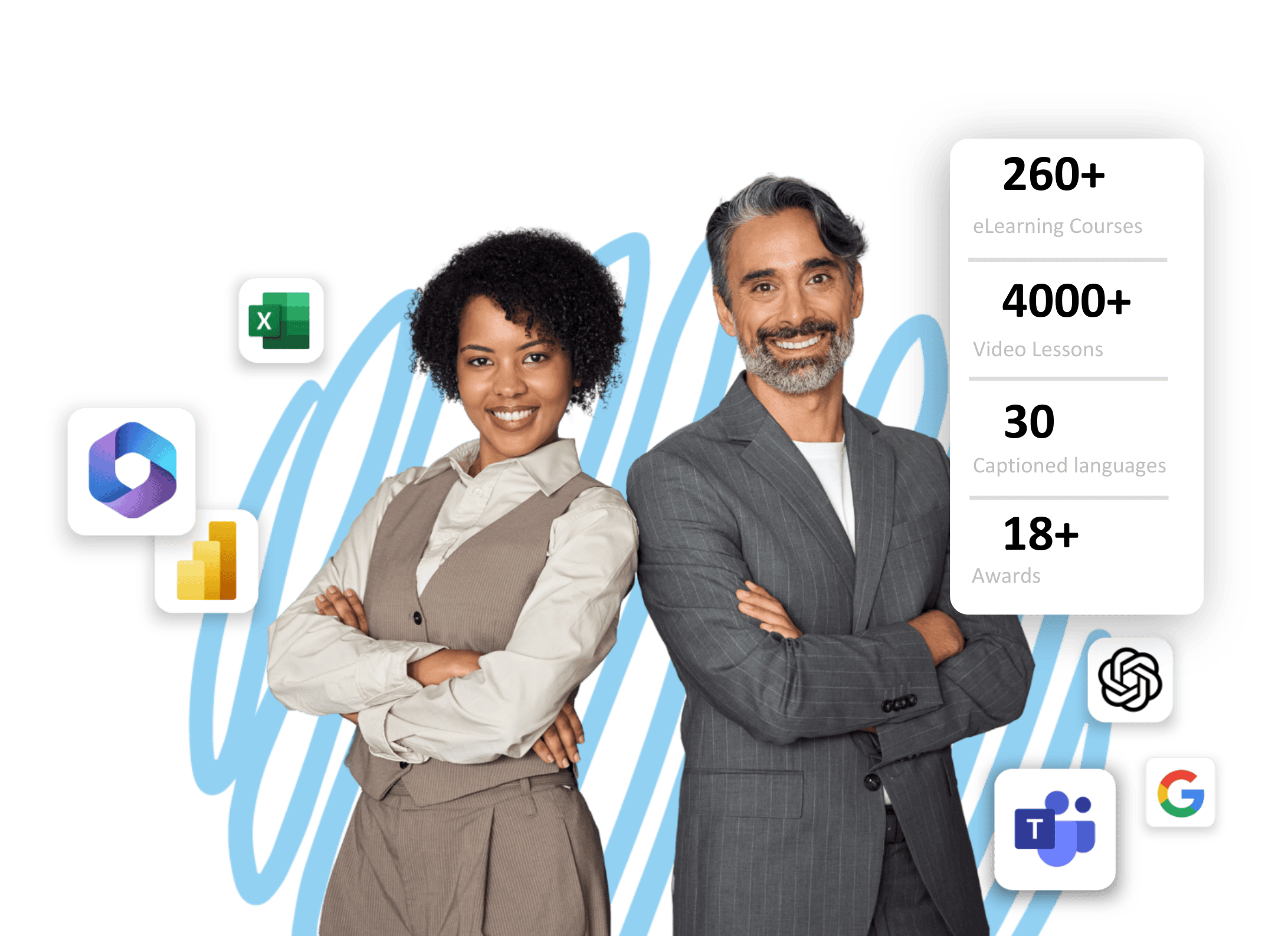 A woman and man standing back-to-back. Symbols for Excel, Microsoft 365, Power BI, ChatGPT, Microsoft Teams, and Google surround them. Statistics about Bigger Brains' accomplishments.