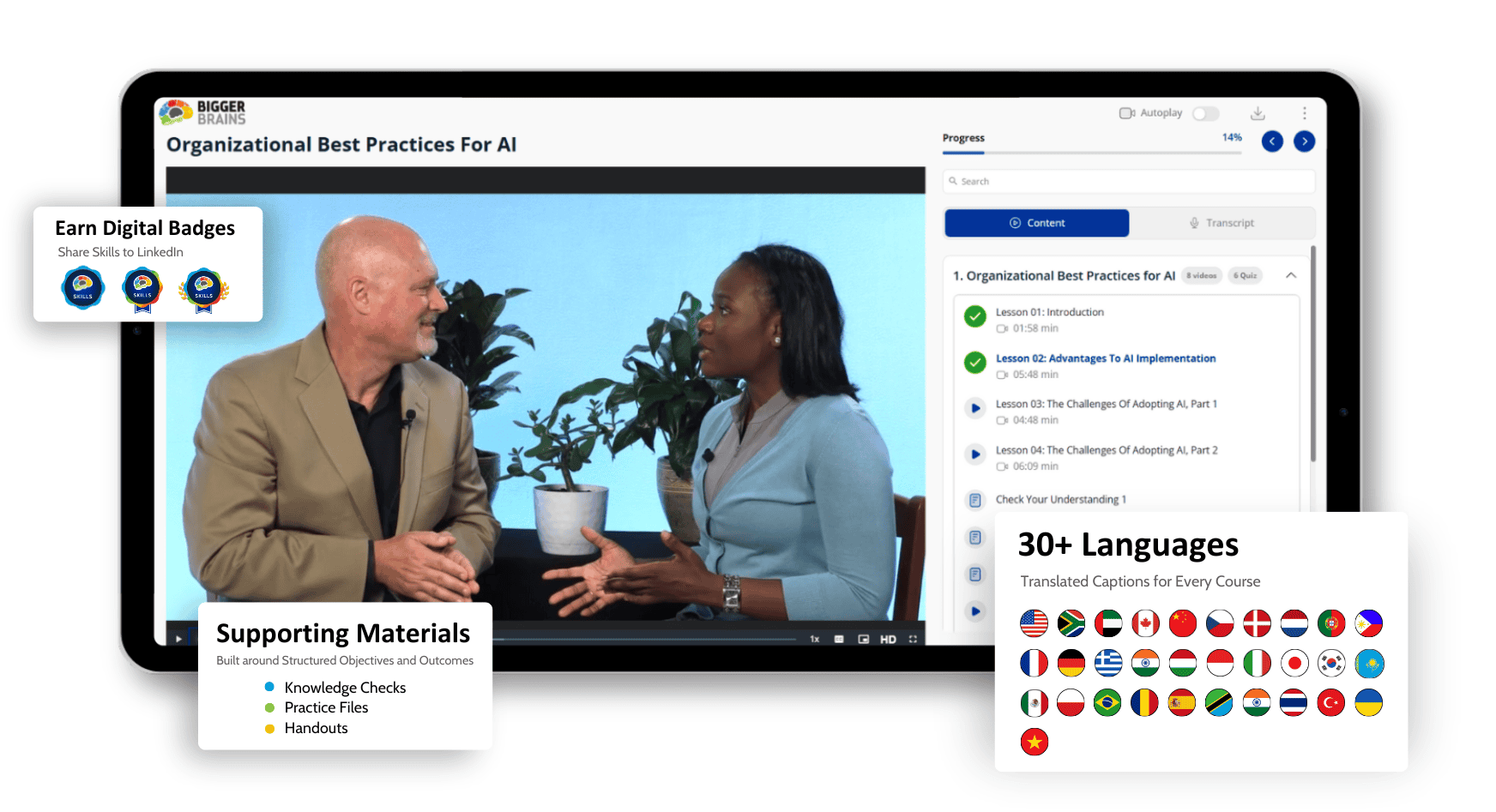 A screenshot of the course 'Organizational Best Practices for AI. Showcasing the ability to earn digital badges, access supporting materials, and access captions and transcripts in 30+ languages.