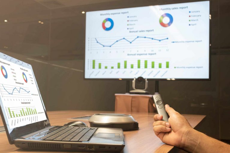 Businessman hand hold remote control with mockup presentation si
